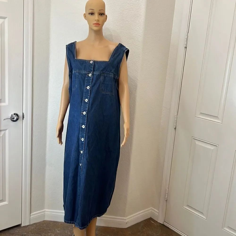 Of Jeans Denim Dress Size 3XXX Blue Gold Threading Silver Button 100 💯% Cotton